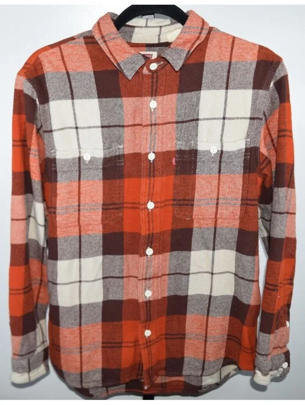 Levi's Relaxed Fit Plaid Flannel Shirt Orange Brown and Cream Button-Up, Size S